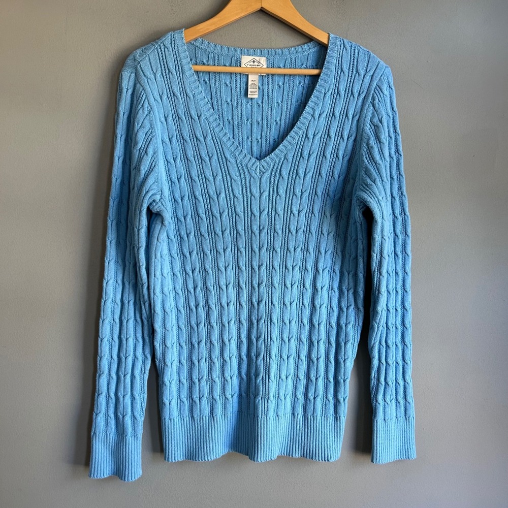 St. John's Bay Blue Cable Knit V-Neck Sweater Womens XLT Cotton Long Sleeve